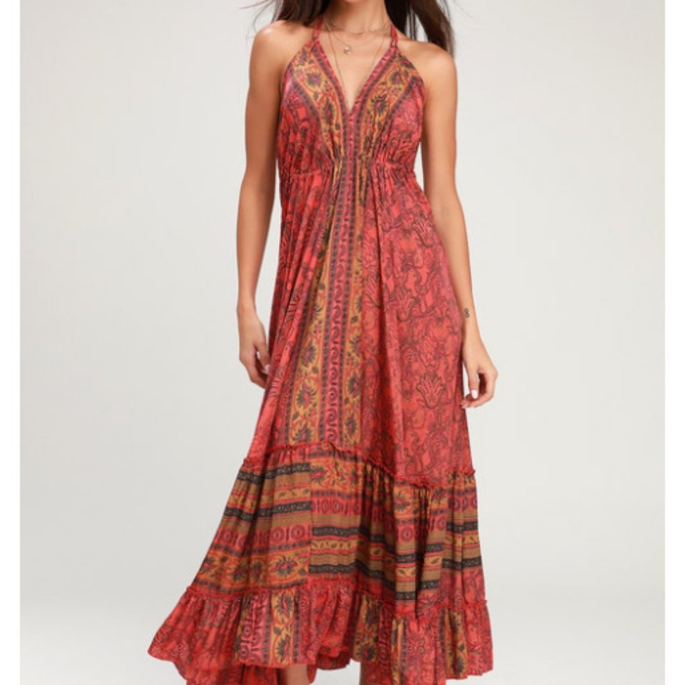 Raga Boho Passion Struck Pink Print Halter Maxi